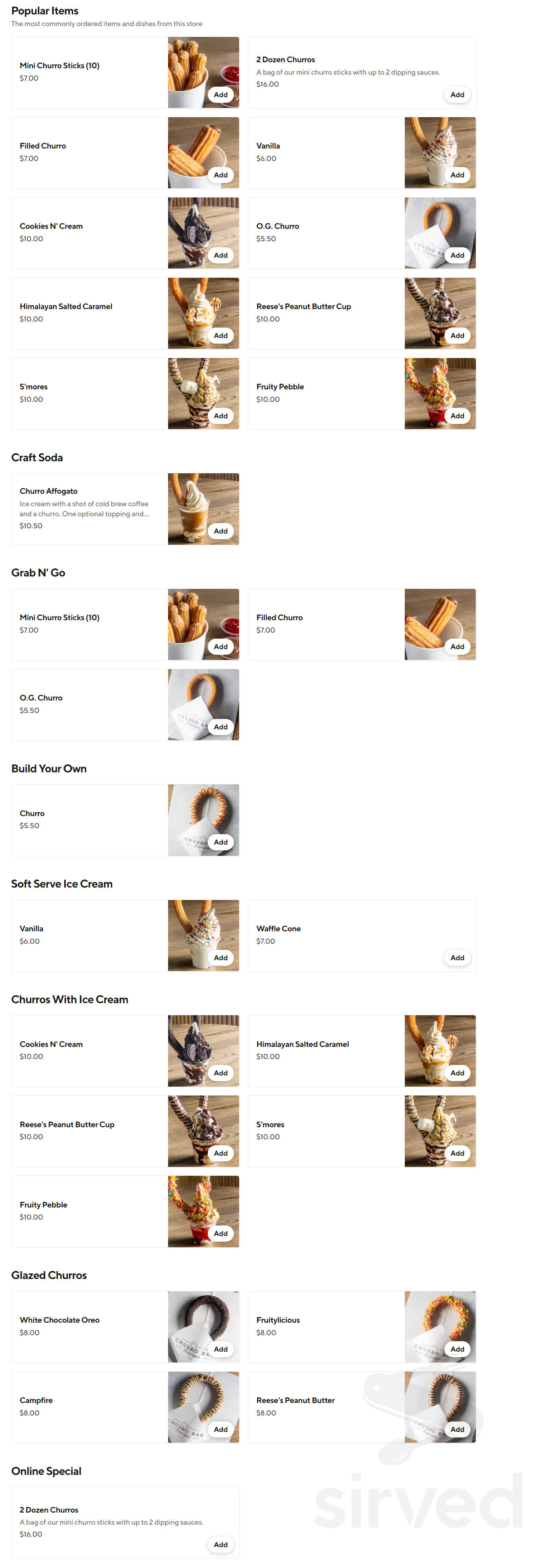 Churro Bar menu in Rancho Cucamonga, California, USA