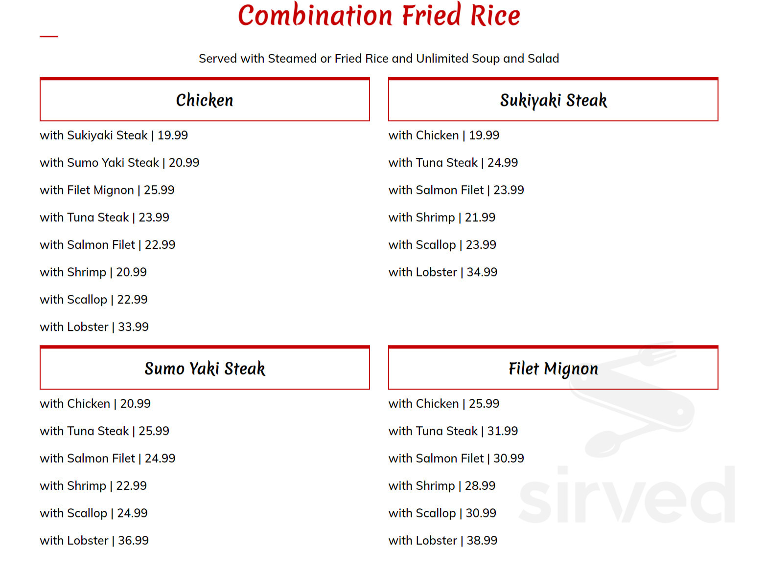 Menu Amarillo TX's Sumo Japanese Steakhouse Sirved