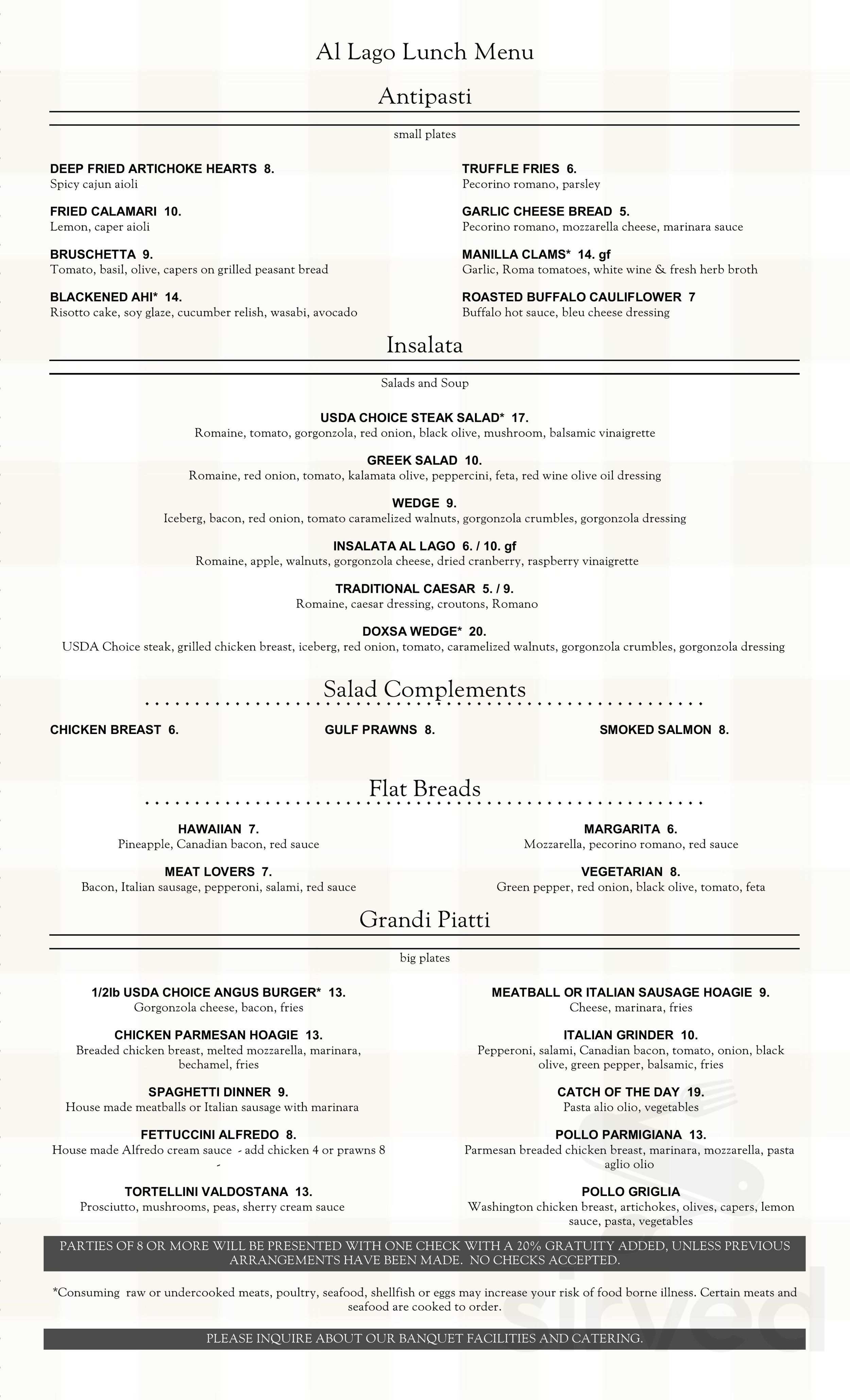 Menu - Lake Tapps WA's Al Lago Restaurant - Takeout Available | Sirved