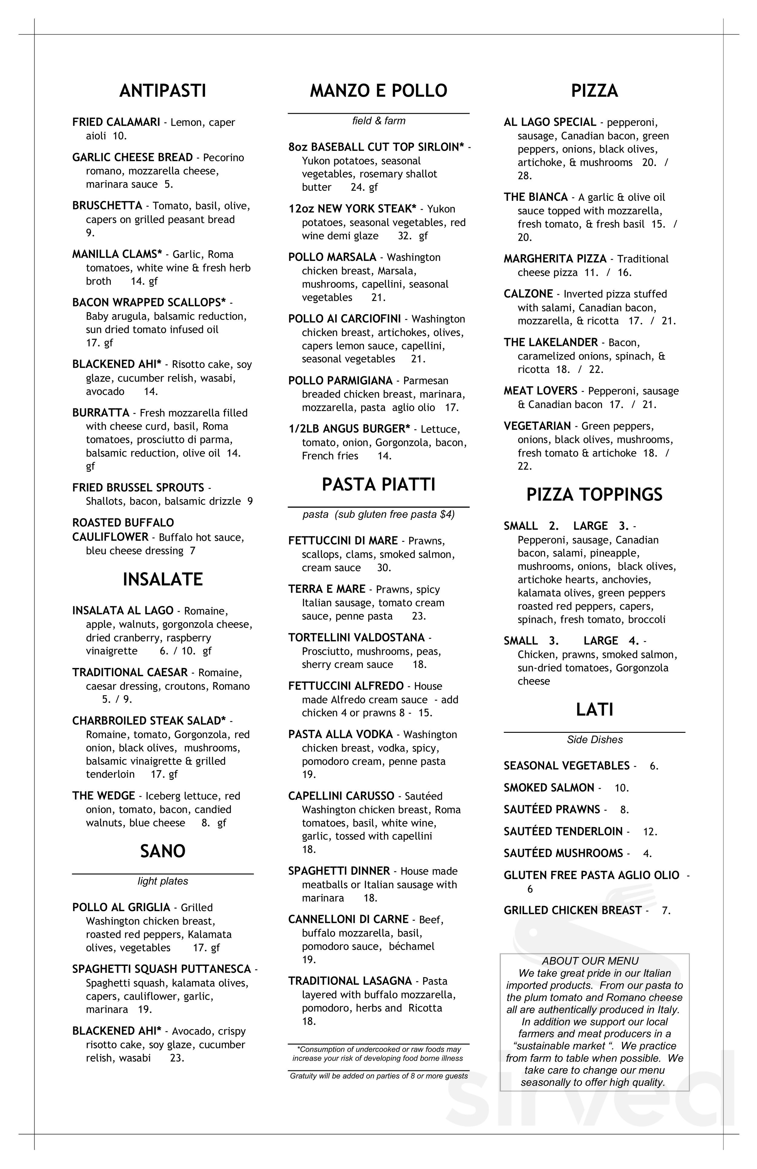 Menu - Lake Tapps WA's Al Lago Restaurant - Takeout Available | Sirved