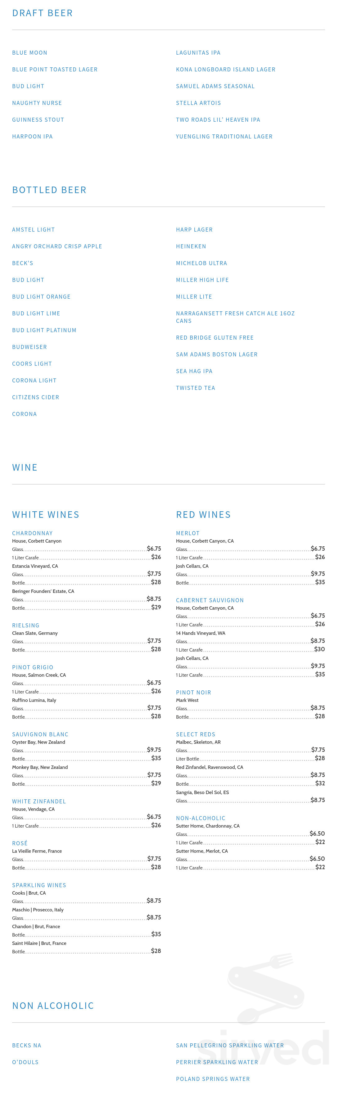 Bill's Seafood Restaurant drink menu in Westbrook, Connecticut