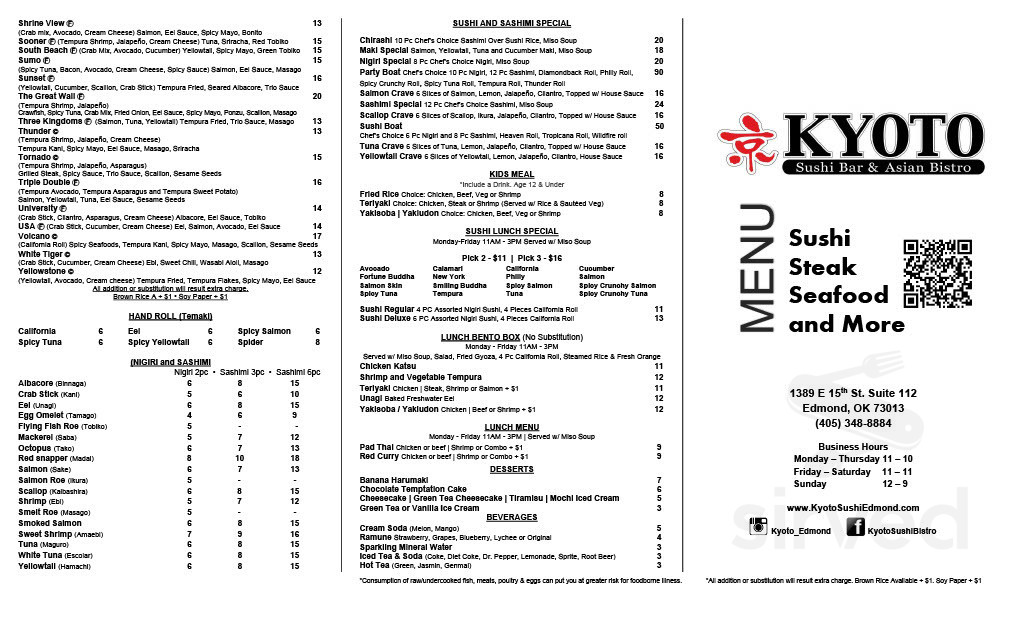 Kyoto Sushi Bar & Asian Bistro menus in Edmond, Oklahoma, United States