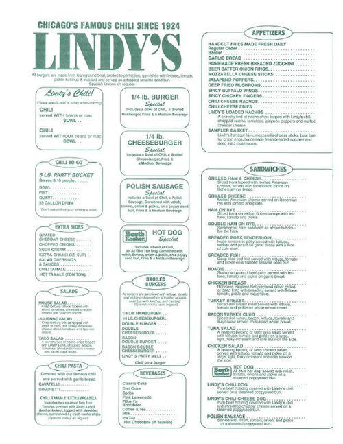 Lindy's Chili & Gertie's Ice Cream menu in Chicago, Illinois, USA