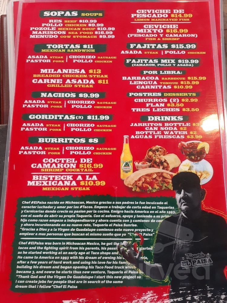 Taqueria El Paisa menu in Plantation, Florida, USA