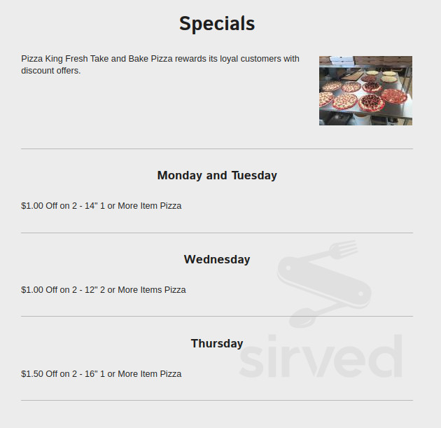 Pizza King Fresh Pizza specials menu in Oshkosh, Wisconsin