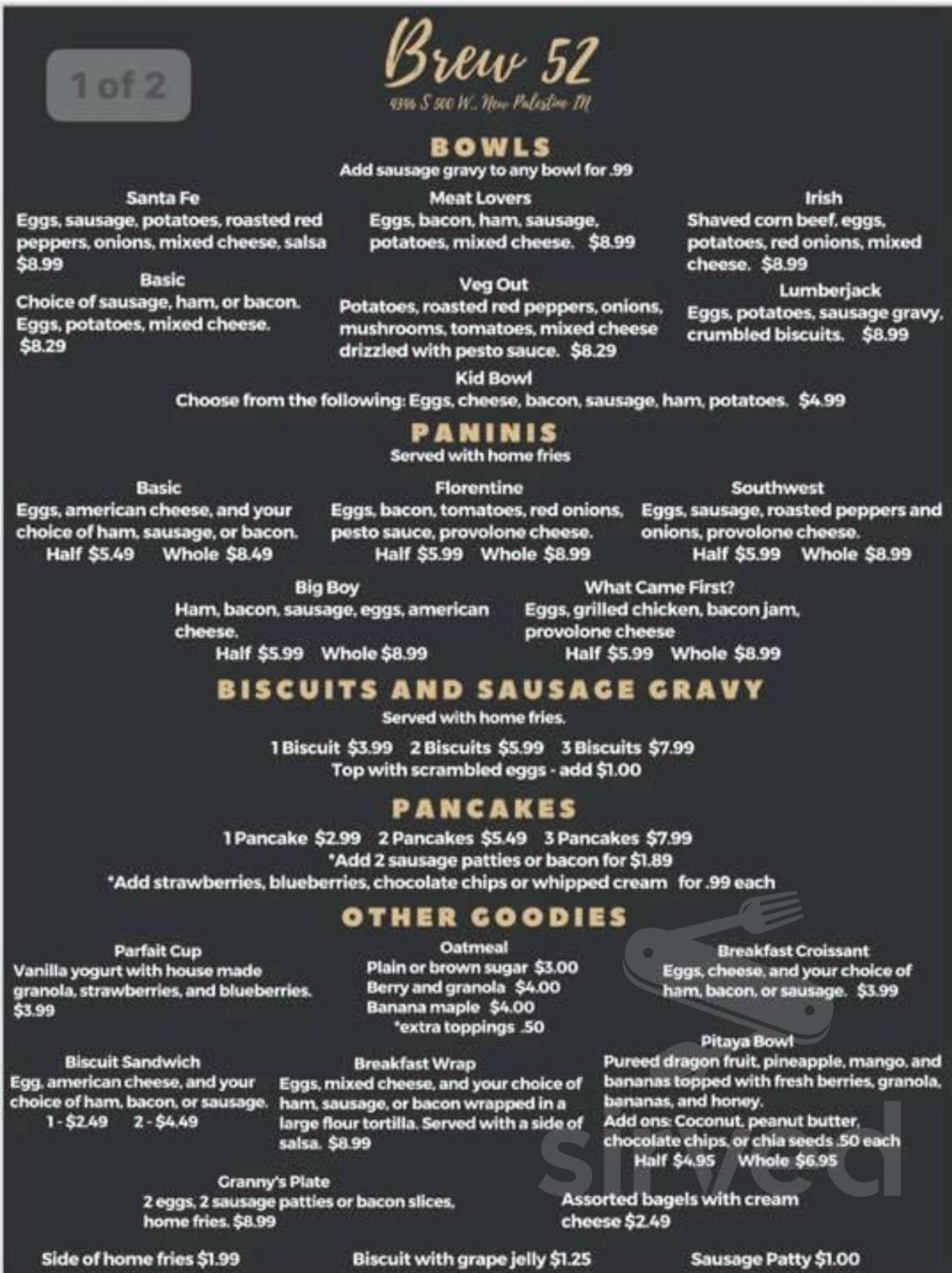 Brew 52 menu in New Palestine, Indiana, USA