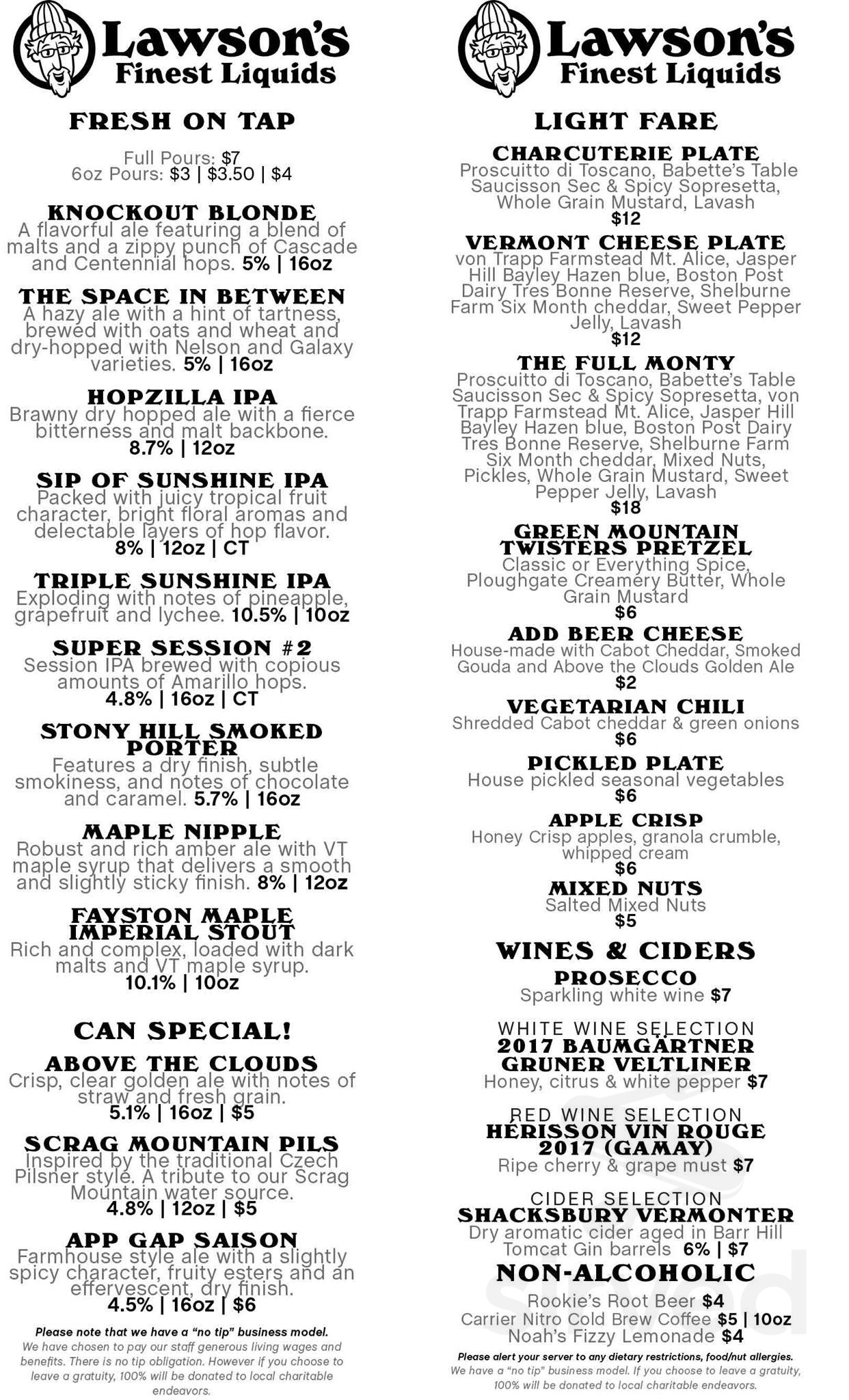 Menu for Lawson’s Finest Liquids in Waitsfield, VT Sirved