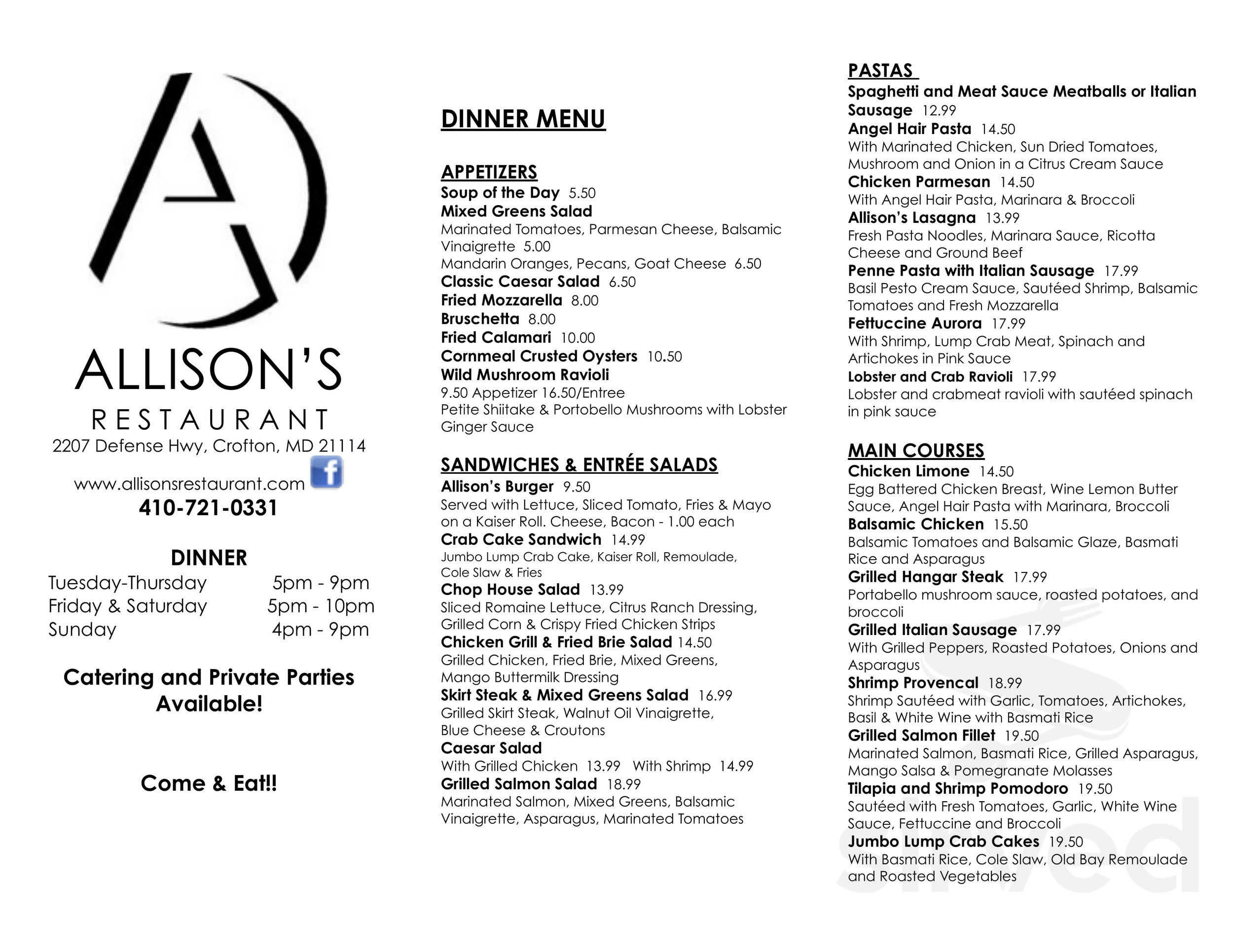 Allison's Restaurant menu in Crofton, Maryland, USA