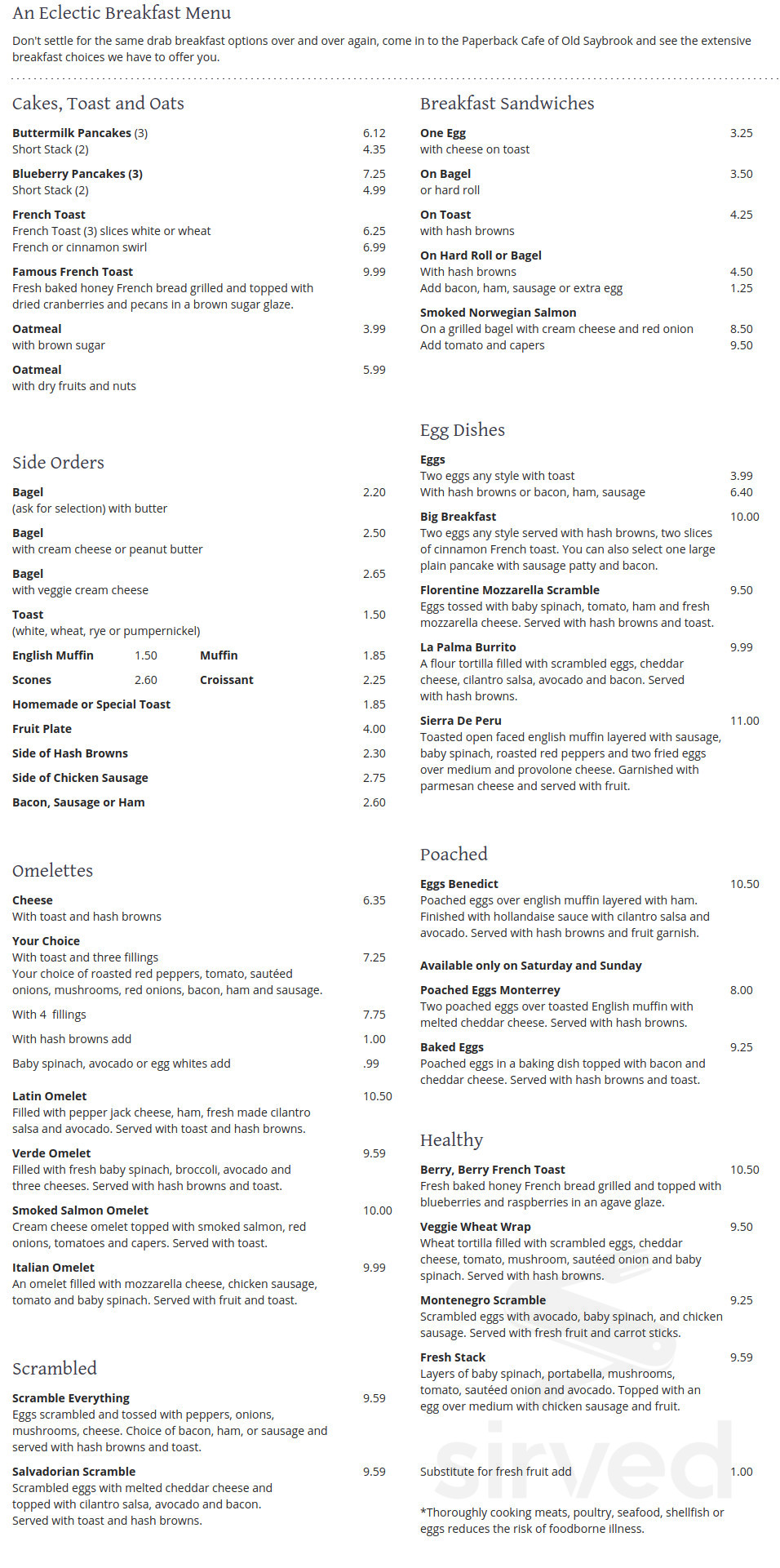 Paperback Café breakfast menu in Old Saybrook, Connecticut