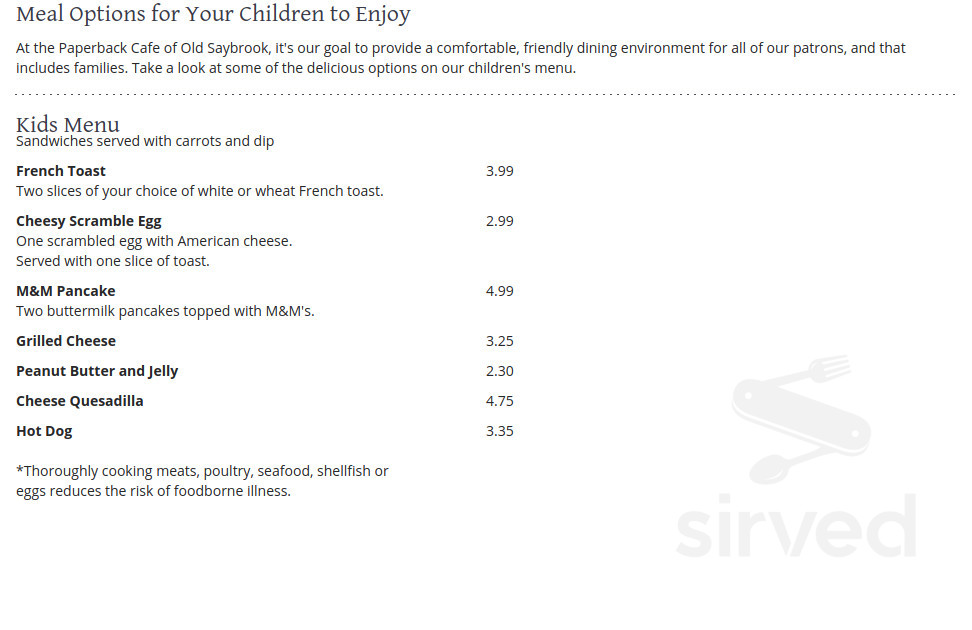 Paperback Café kids menu in Old Saybrook, Connecticut