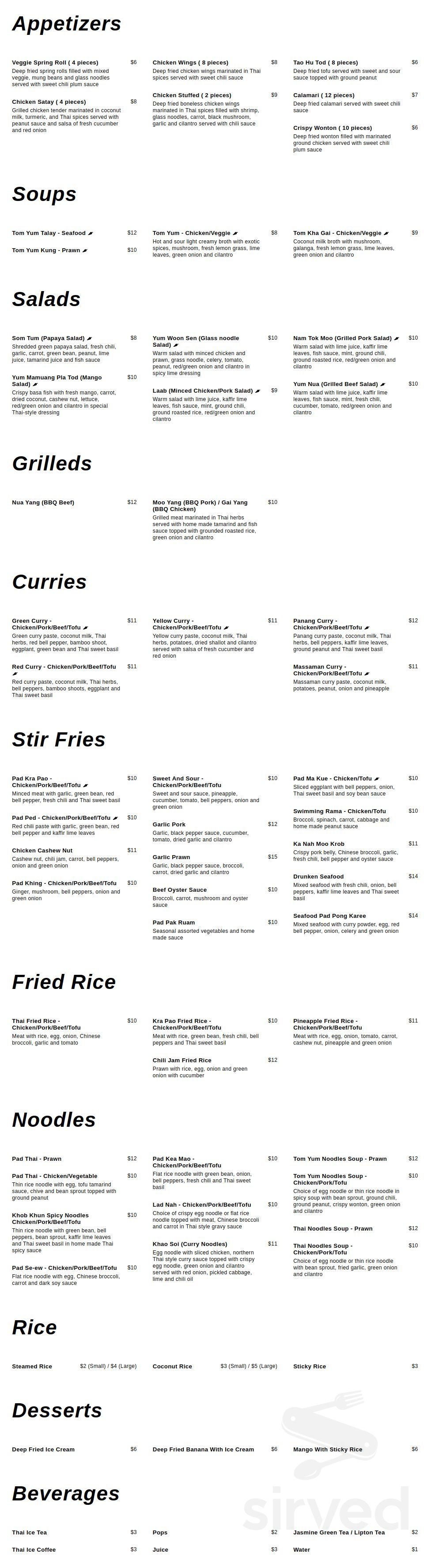Khob Khun Thai Cuisine menu in Coquitlam, British Columbia, Canada