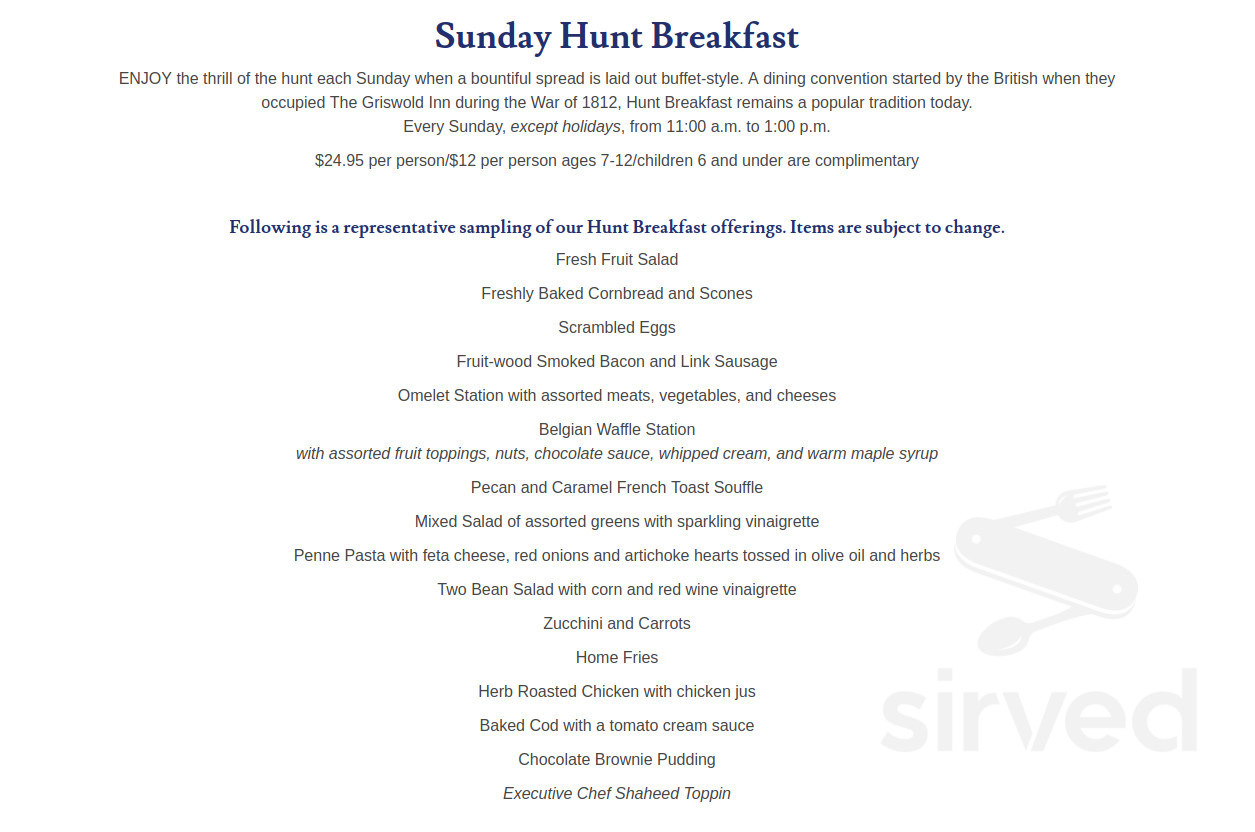 The Griswold Inn breakfast menu in Essex, Connecticut