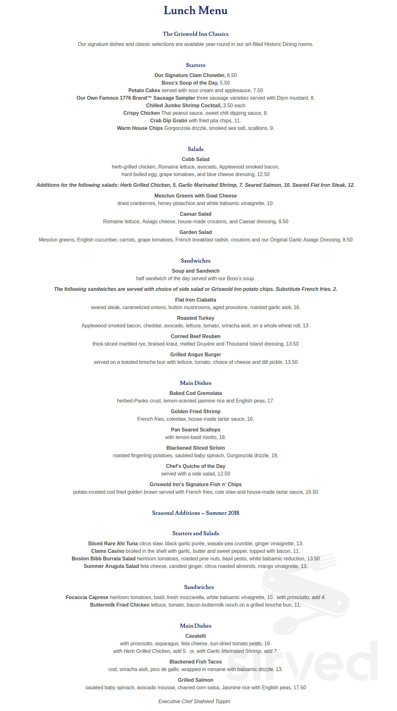 The Griswold Inn lunch menu in Essex, Connecticut