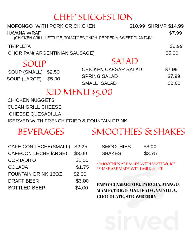 Havana Restaurant & Bakery Corp menus in Sebring, Florida, United States