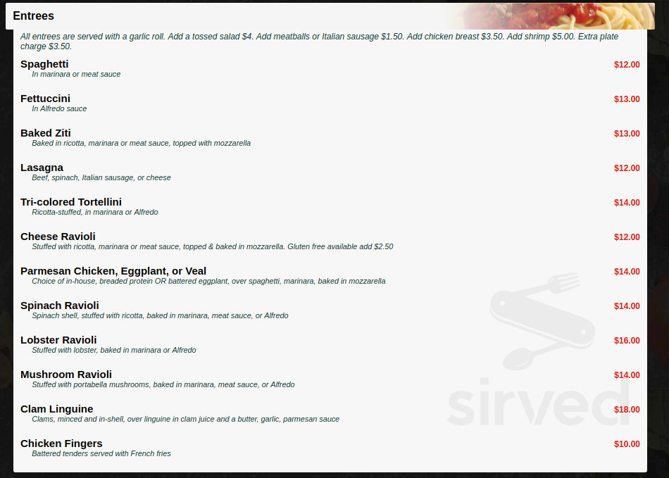 Menu Clayton GA's Mama G's Italian Restaurant Sirved