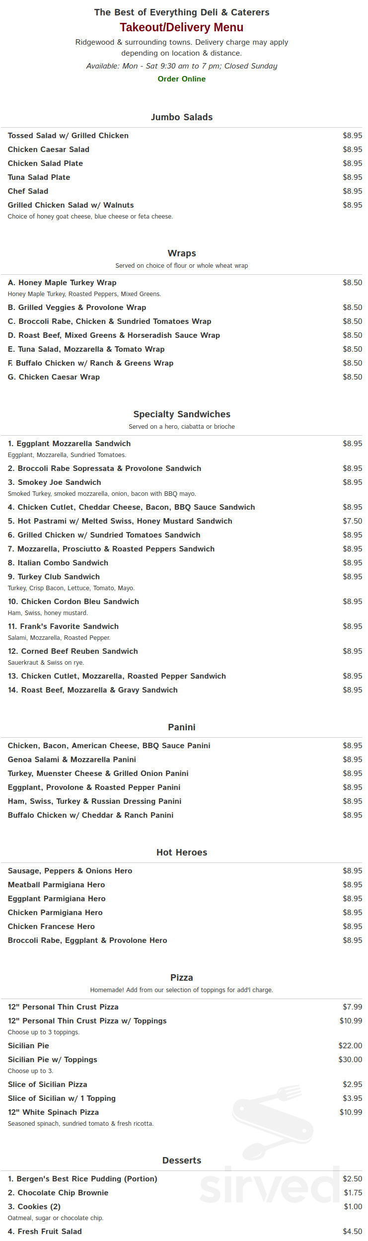 Best of Everything Deli menu in Ridgewood, New Jersey