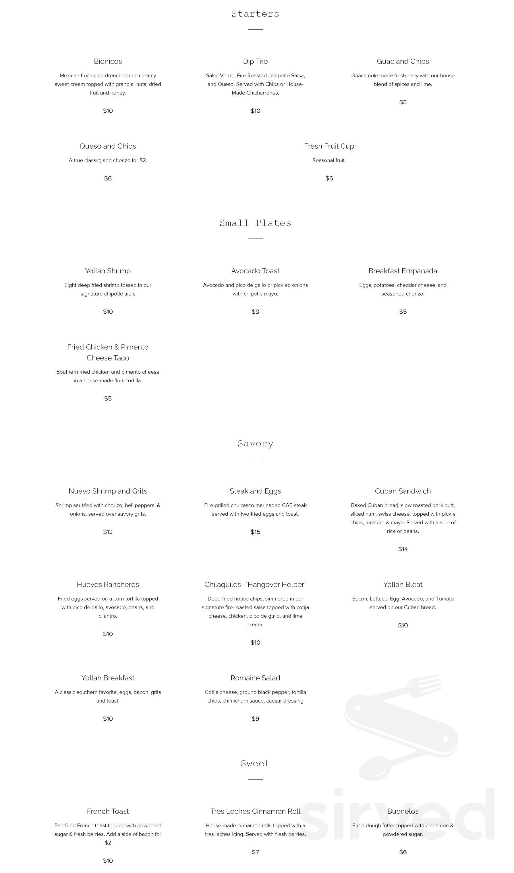 Yollah menu in Macon, Georgia, USA