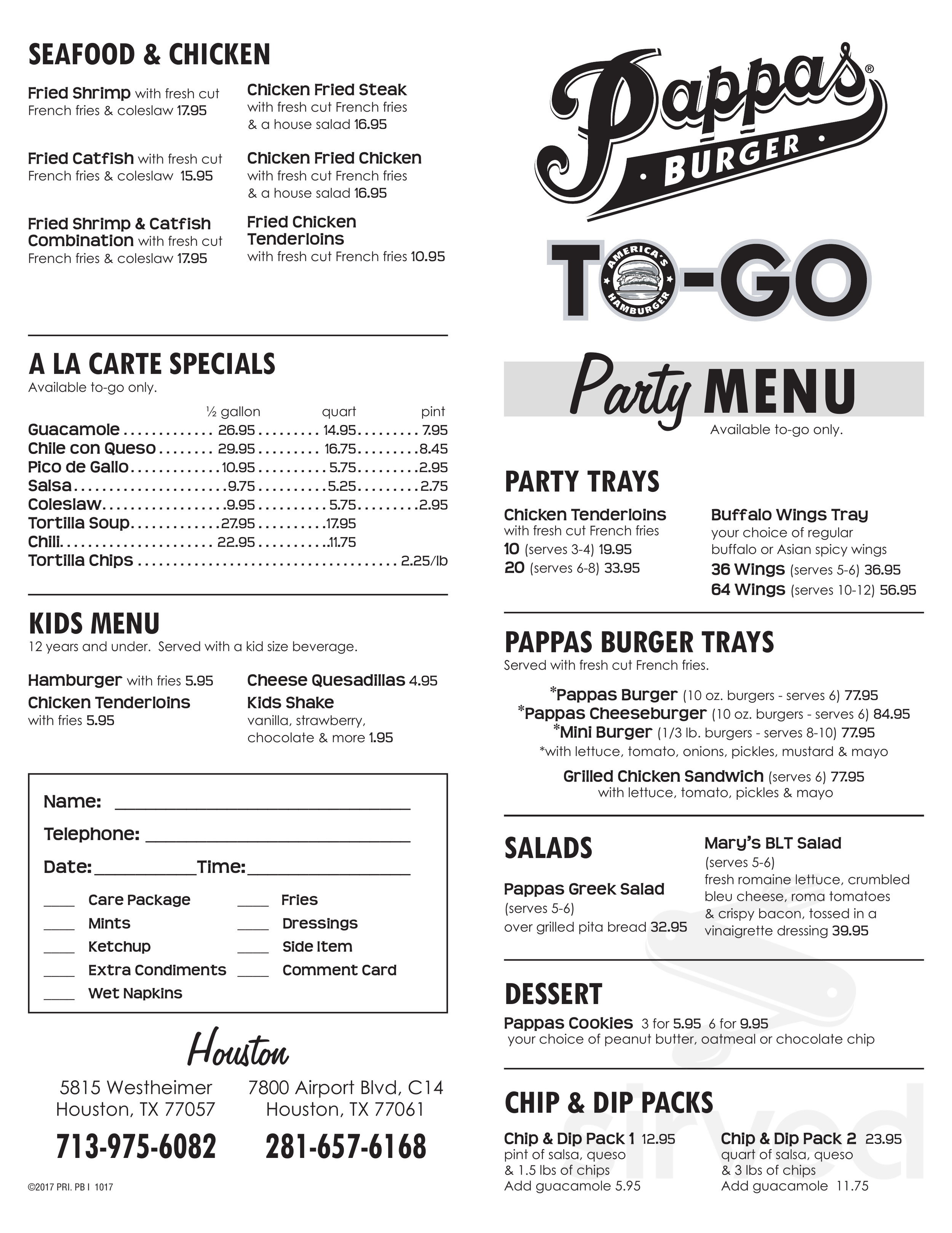Menu for Pappas Burger Houston TX Sirved