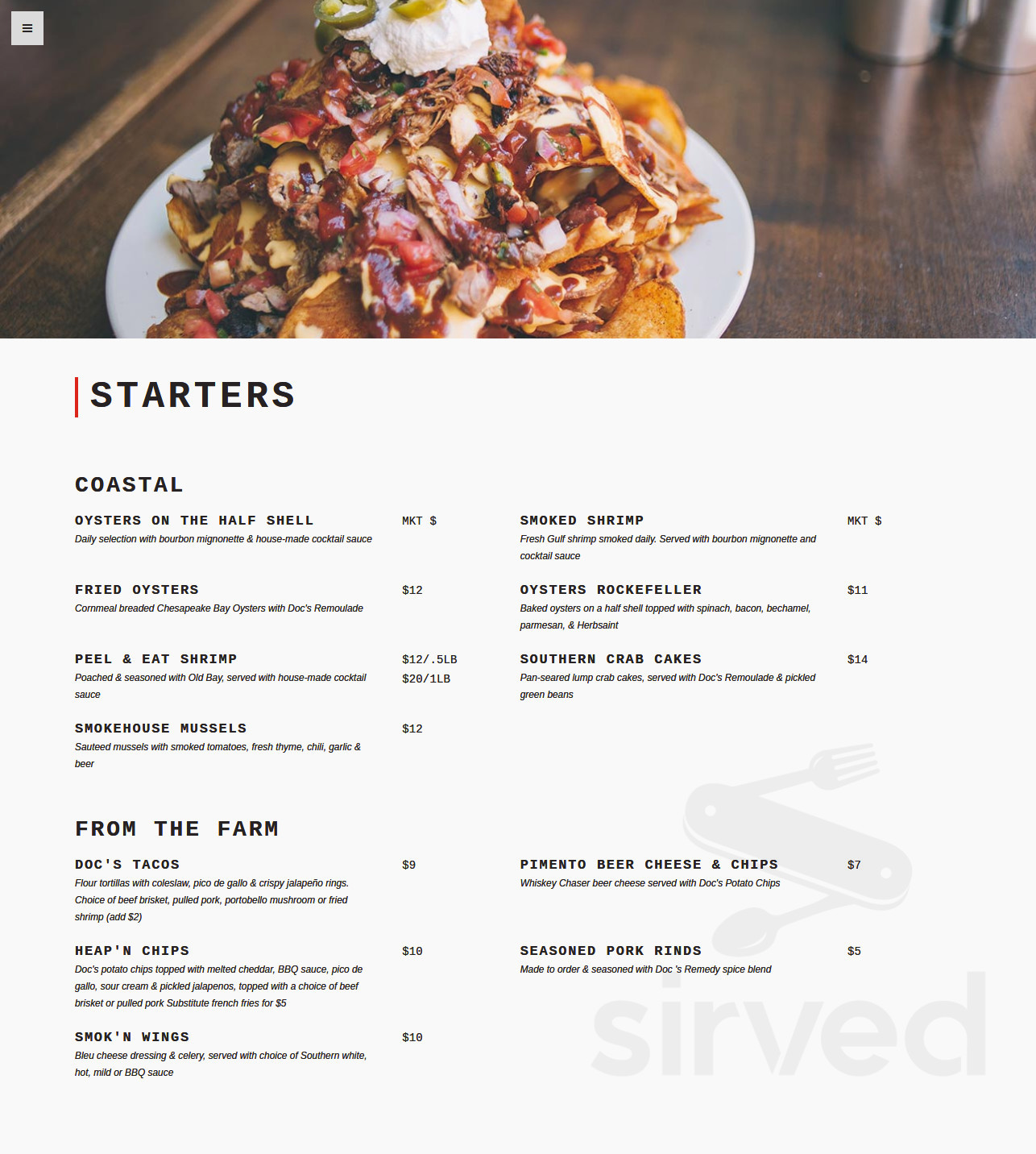 Doc Crow's menu in Louisville, Kentucky, USA