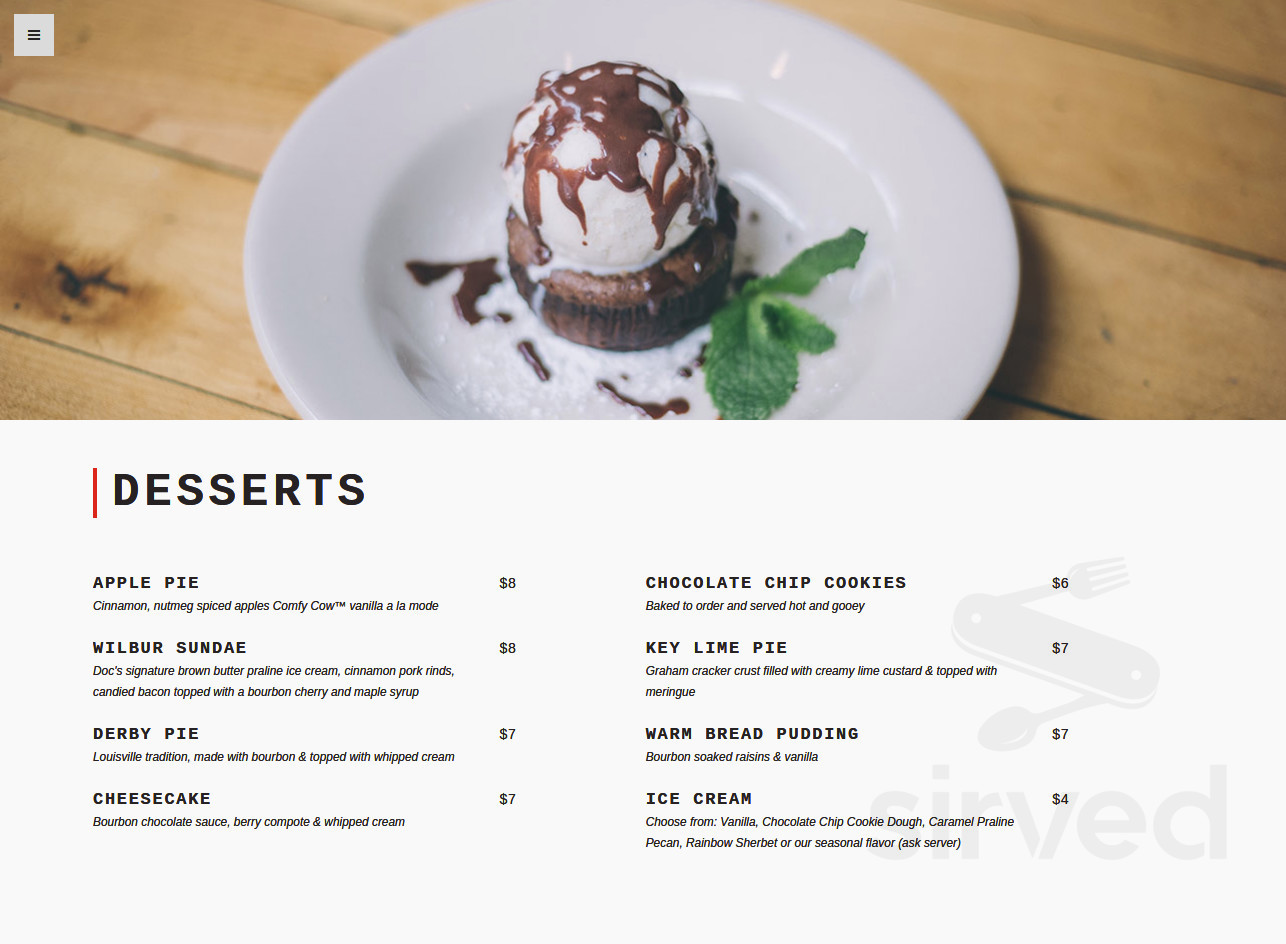 Doc Crow's menu in Louisville, Kentucky, USA