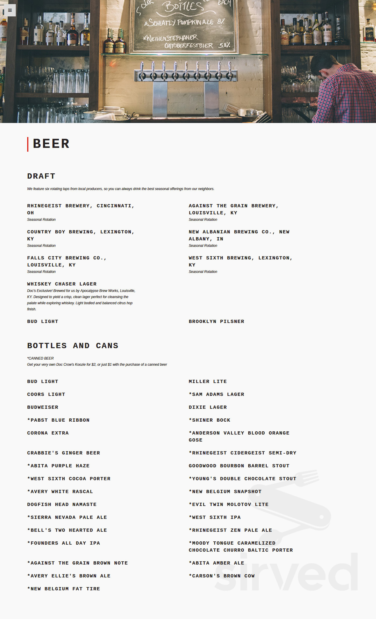 Doc Crow's menu in Louisville, Kentucky, USA