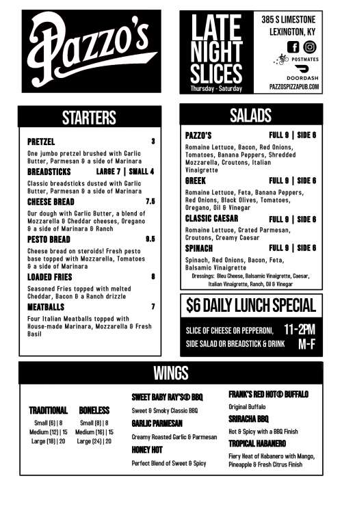 Pazzo's Pizza Pub menu in Lexington, Kentucky, USA