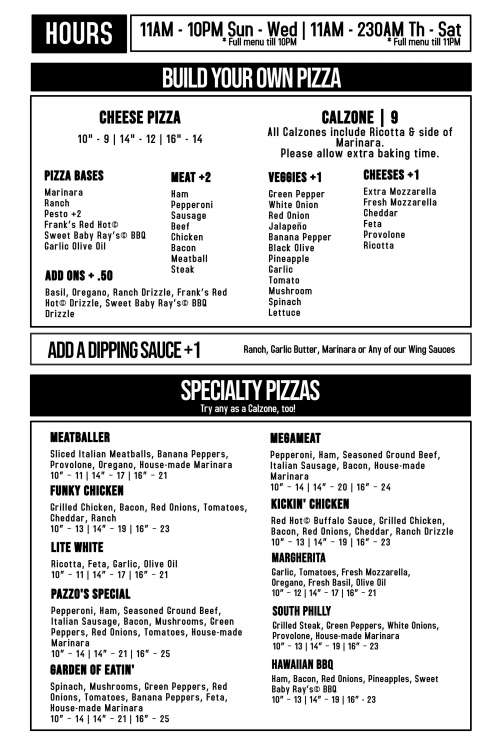 Pazzo's Pizza Pub menu in Lexington, Kentucky, USA