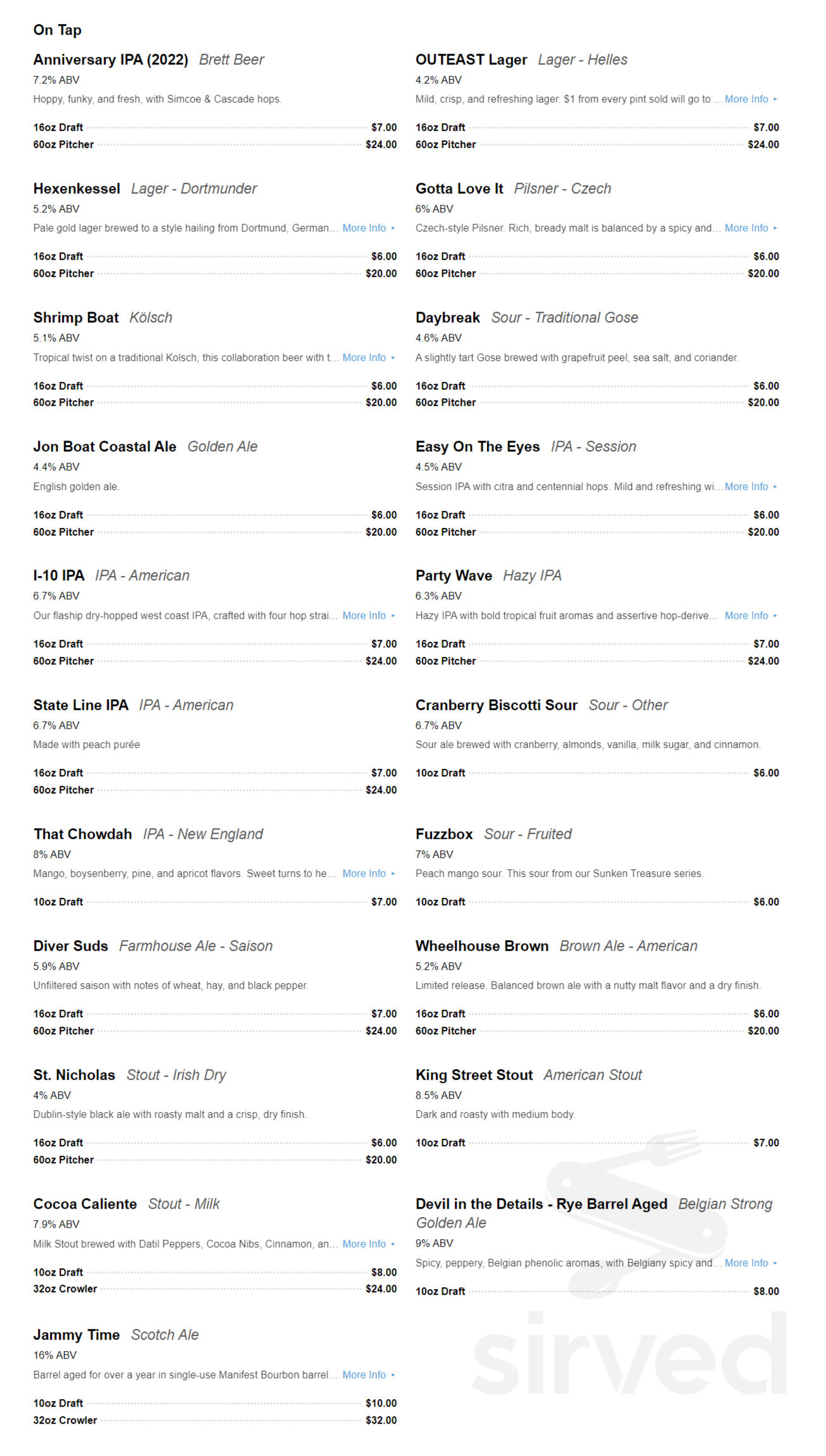 Menu for Intuition Ale Works in Jacksonville, FL Sirved