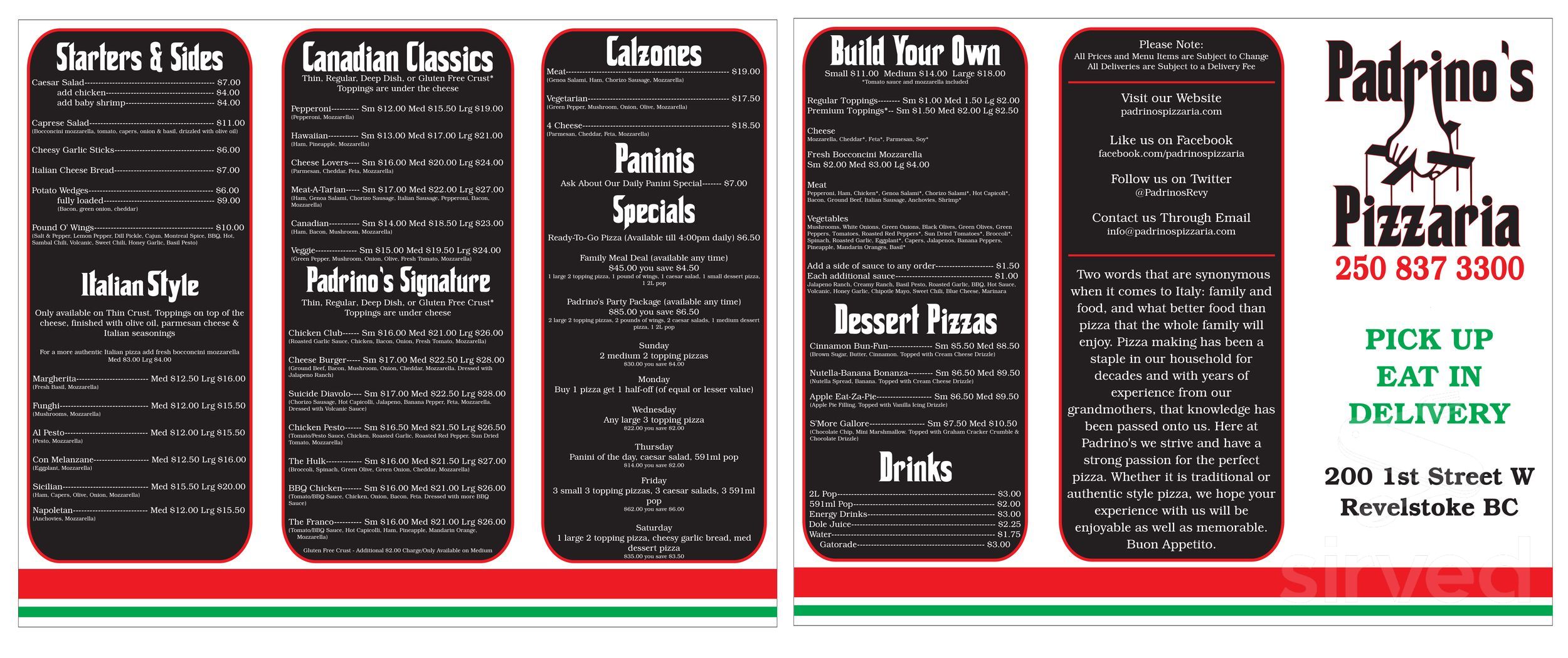 Padrino's Pizzaria menu in Revelstoke, British Columbia