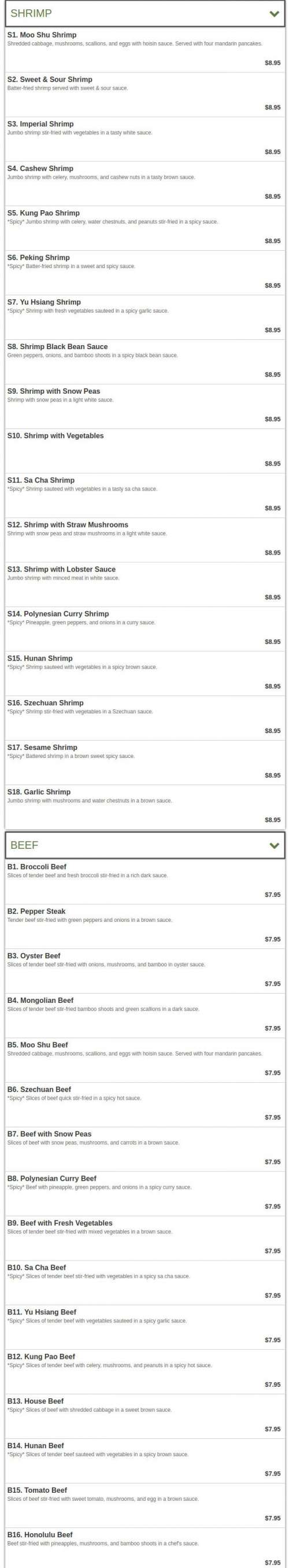 Chinese Garden Restaurant menu in Kansas City, Missouri, USA