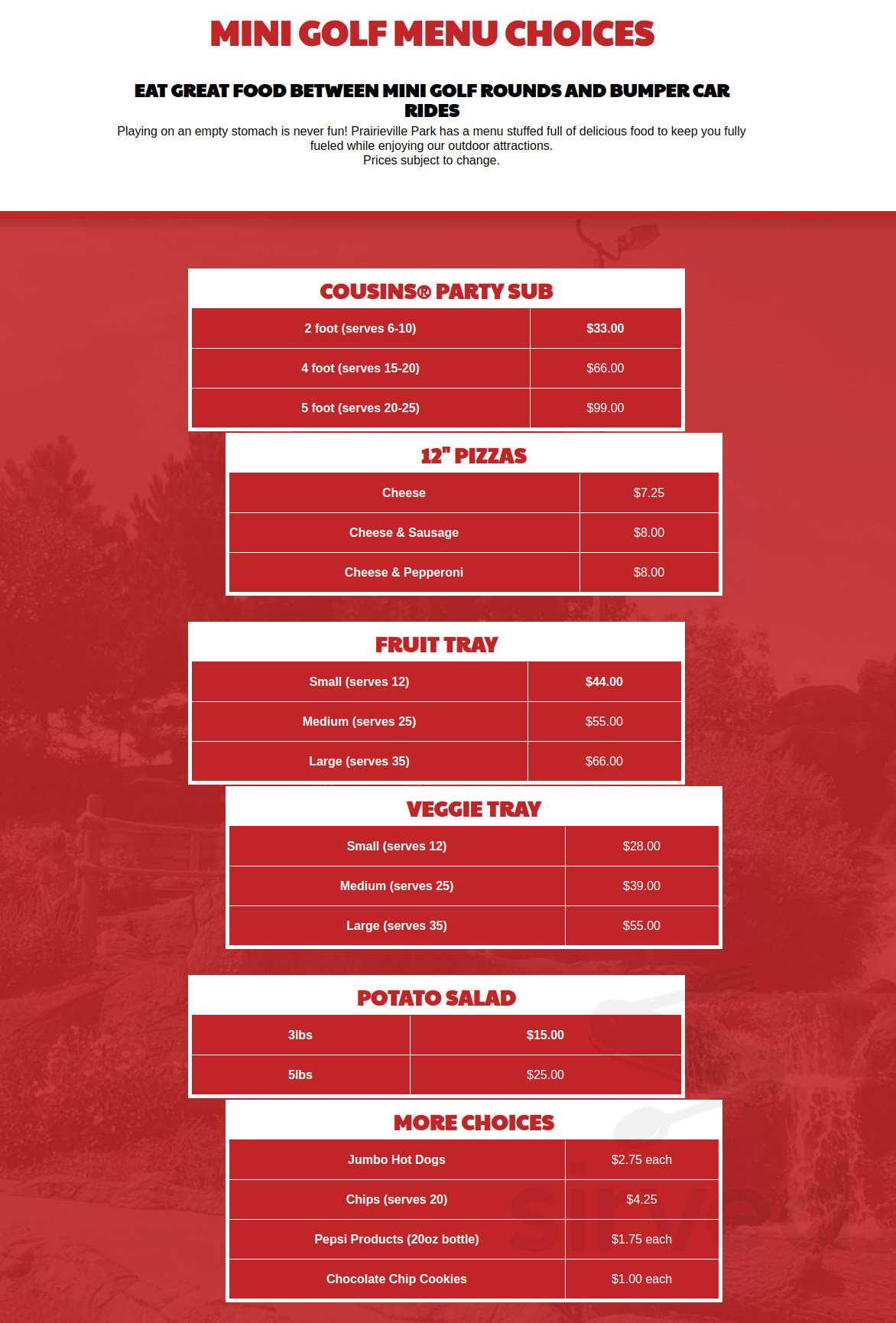Prairieville Park menu in Waukesha, Wisconsin, USA