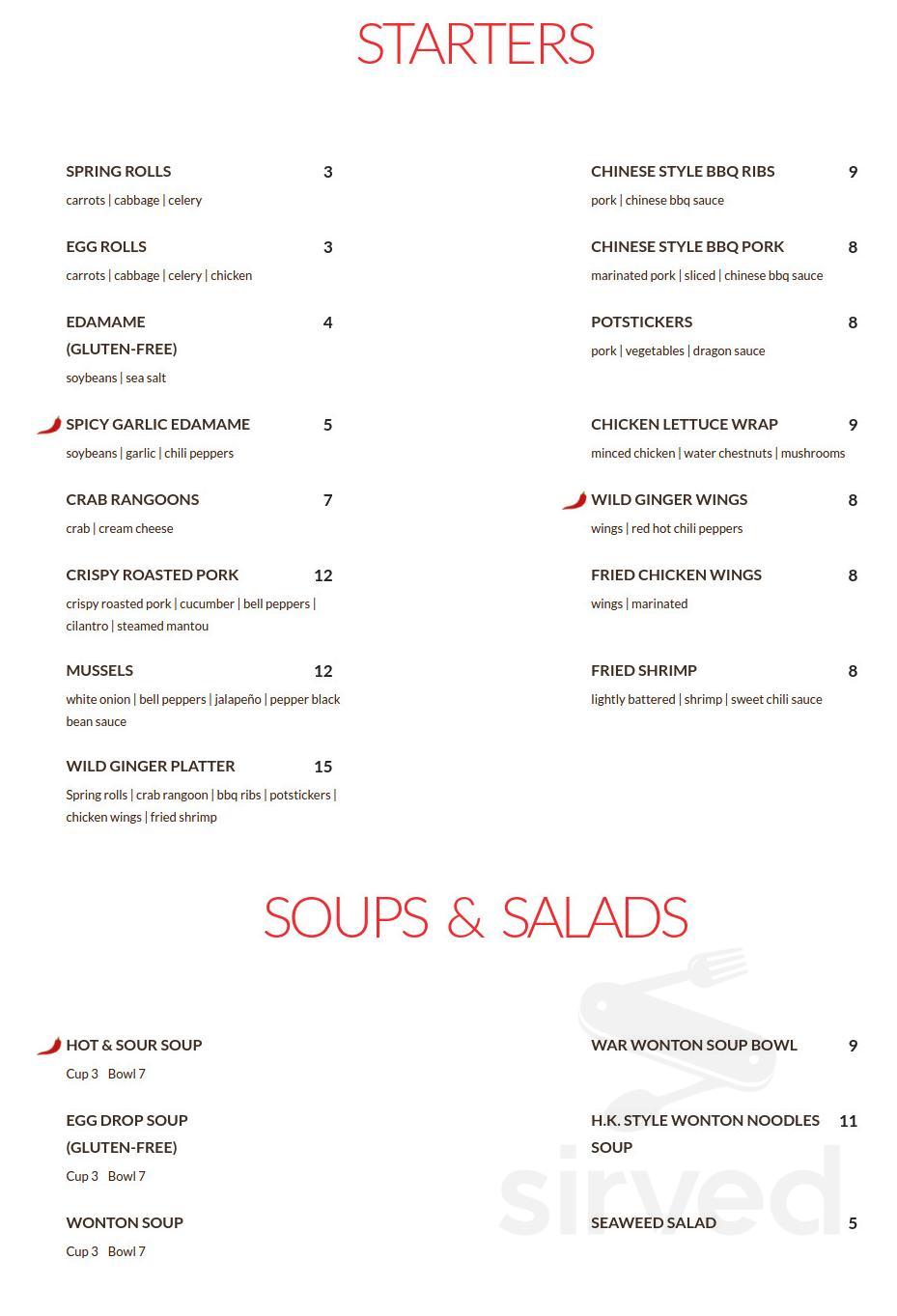 Wild Ginger Asian Bistro menu in Gilbert, Arizona, USA