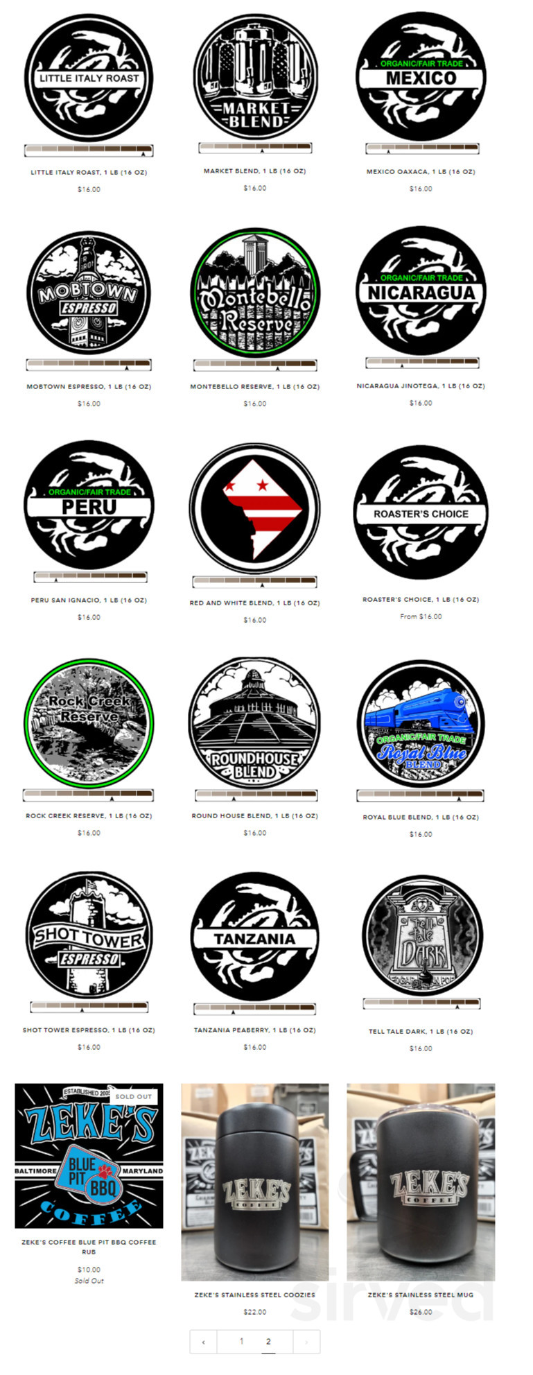 Zeke's Coffee menu in Baltimore, Maryland, USA