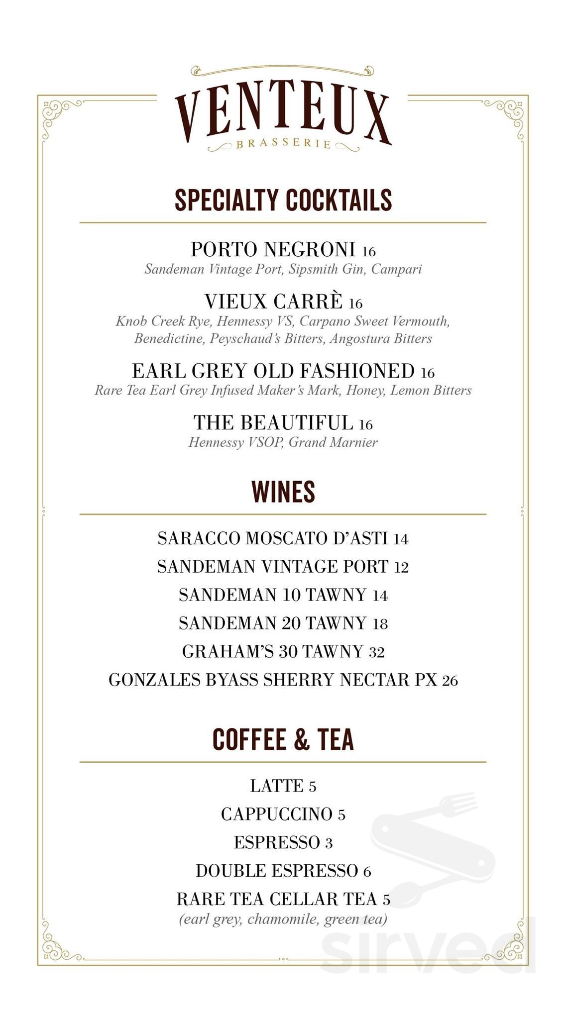 Venteux Brasserie, Cafe & Oyster Bar menu in Chicago, Illinois, USA