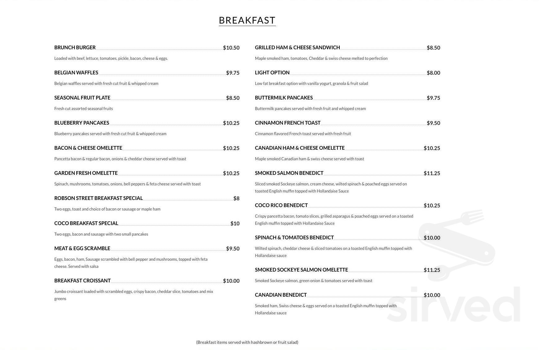 Coco Rico Cafe menu in Vancouver, British Columbia, Canada