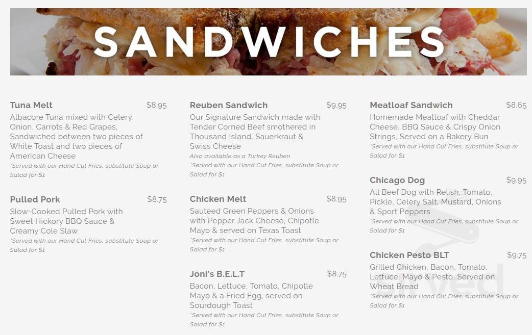 Joni's Diner menu in Lake Geneva, Wisconsin, USA
