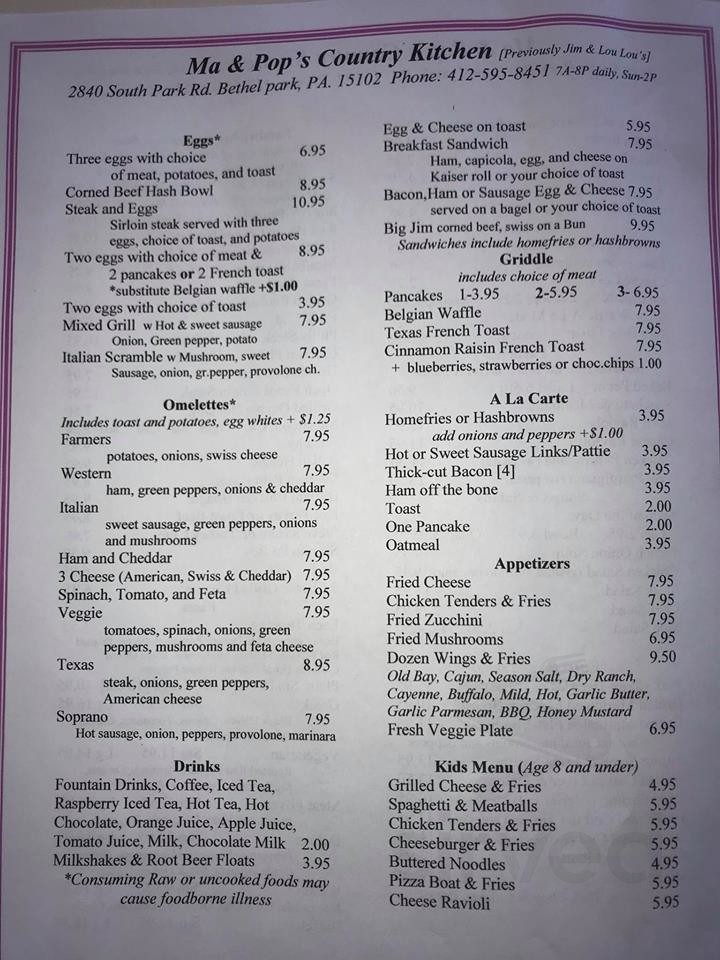 Ma and Pop's Country Kitchen menu in Bethel Park, Pennsylvania, USA