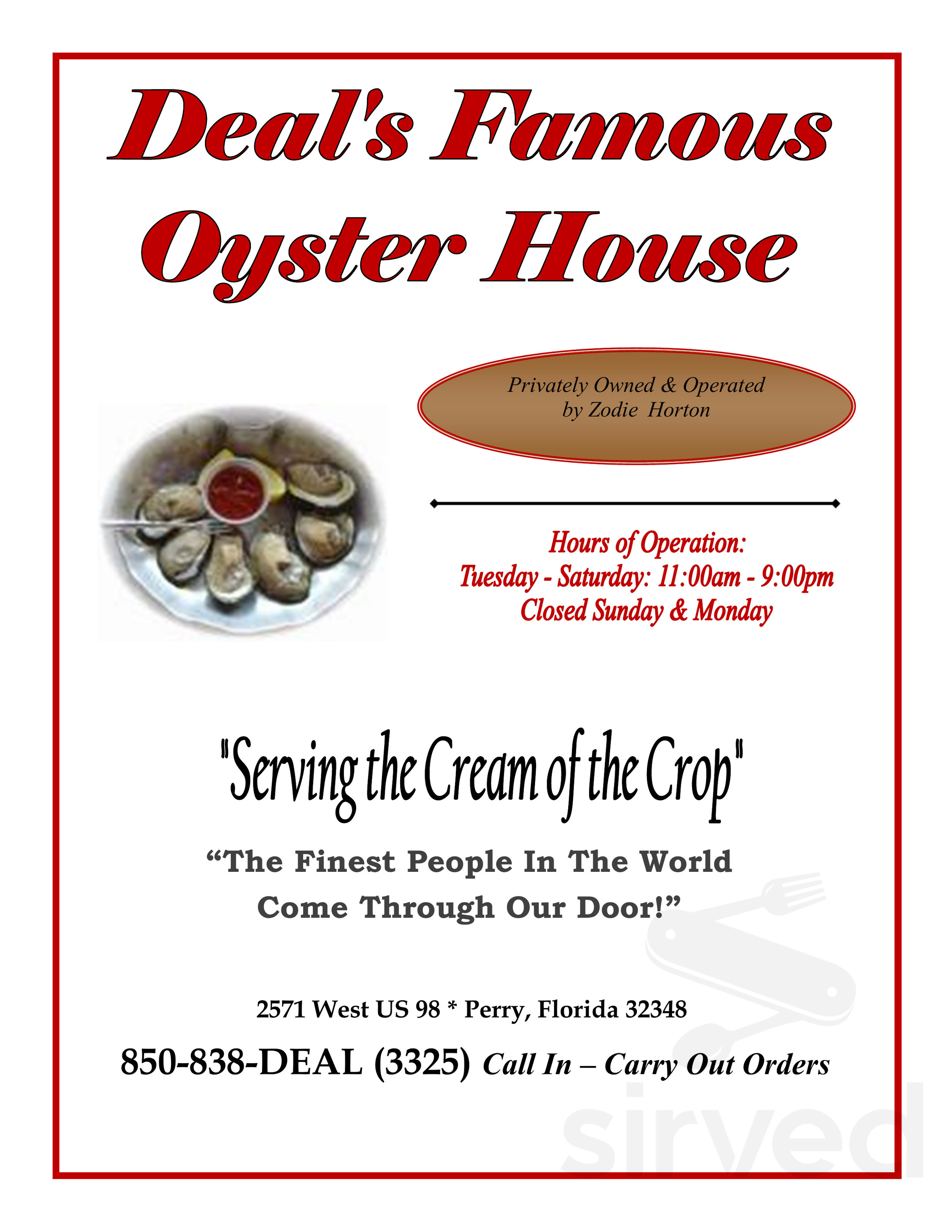 Deal's Famous Oyster House menu in Perry, Florida, USA