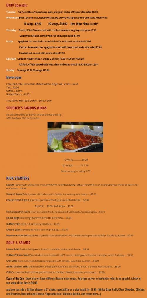 Scooter's Bar & Grill menu in Raleigh, North Carolina, USA