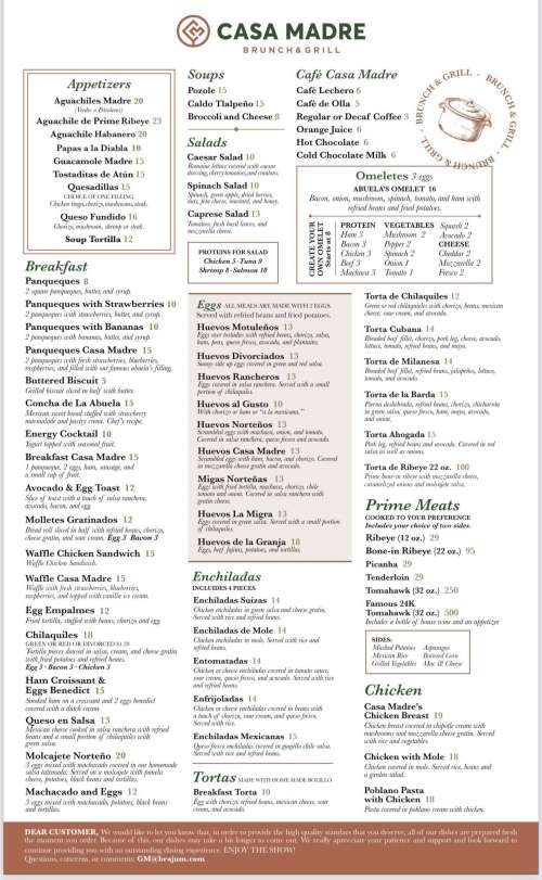 Casa Madre Brunch & Grill menu in McAllen, Texas, USA