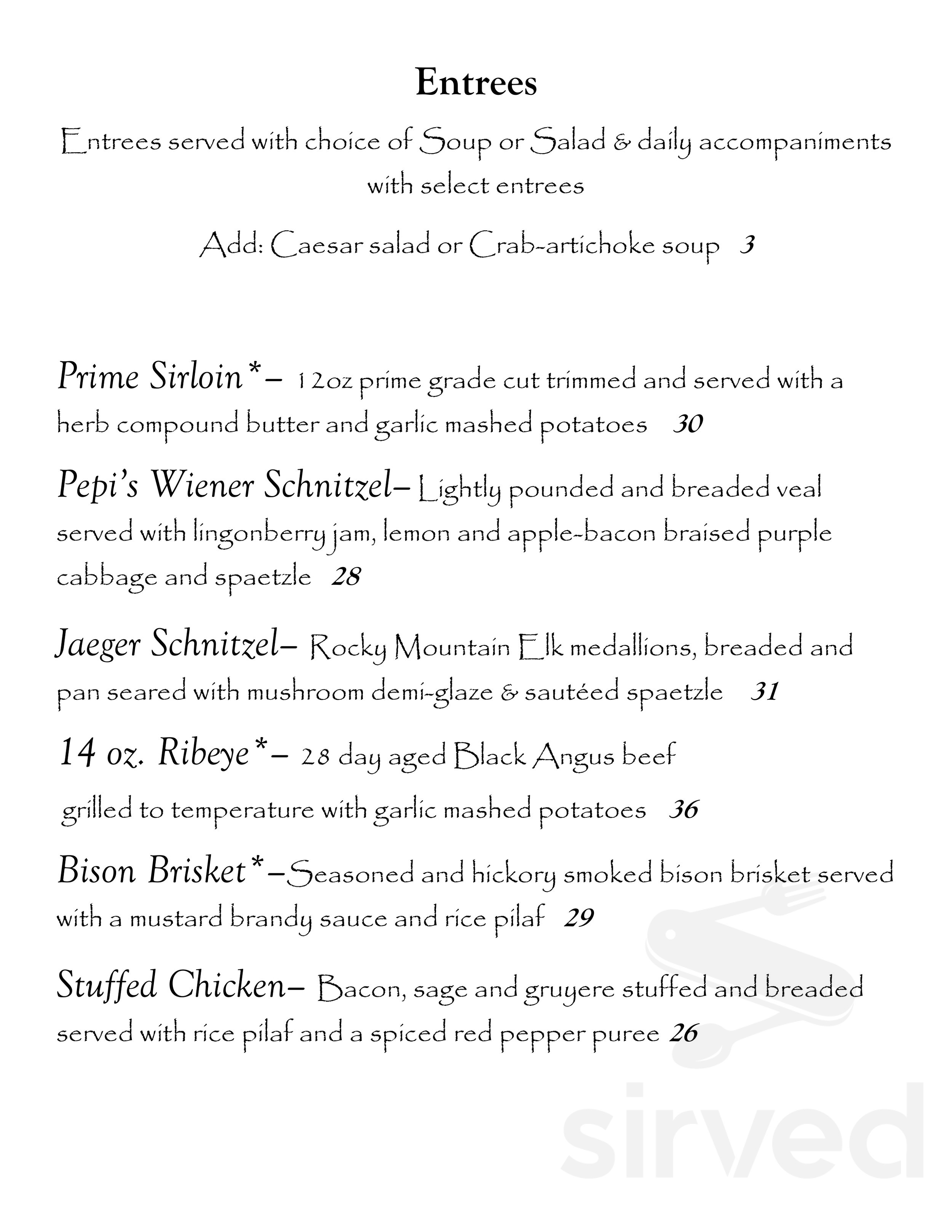 Old Piney Dell Restaurant menu in Red Lodge, Montana, USA