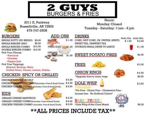 Two Guys Burgers And Fries menu in Russellville, Arkansas, USA