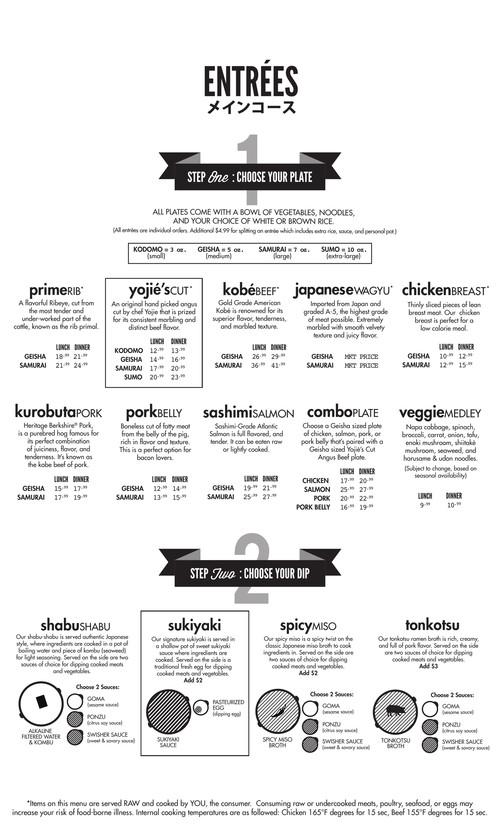 Yojie Japanese Fondue menu in Las Vegas, Nevada, USA