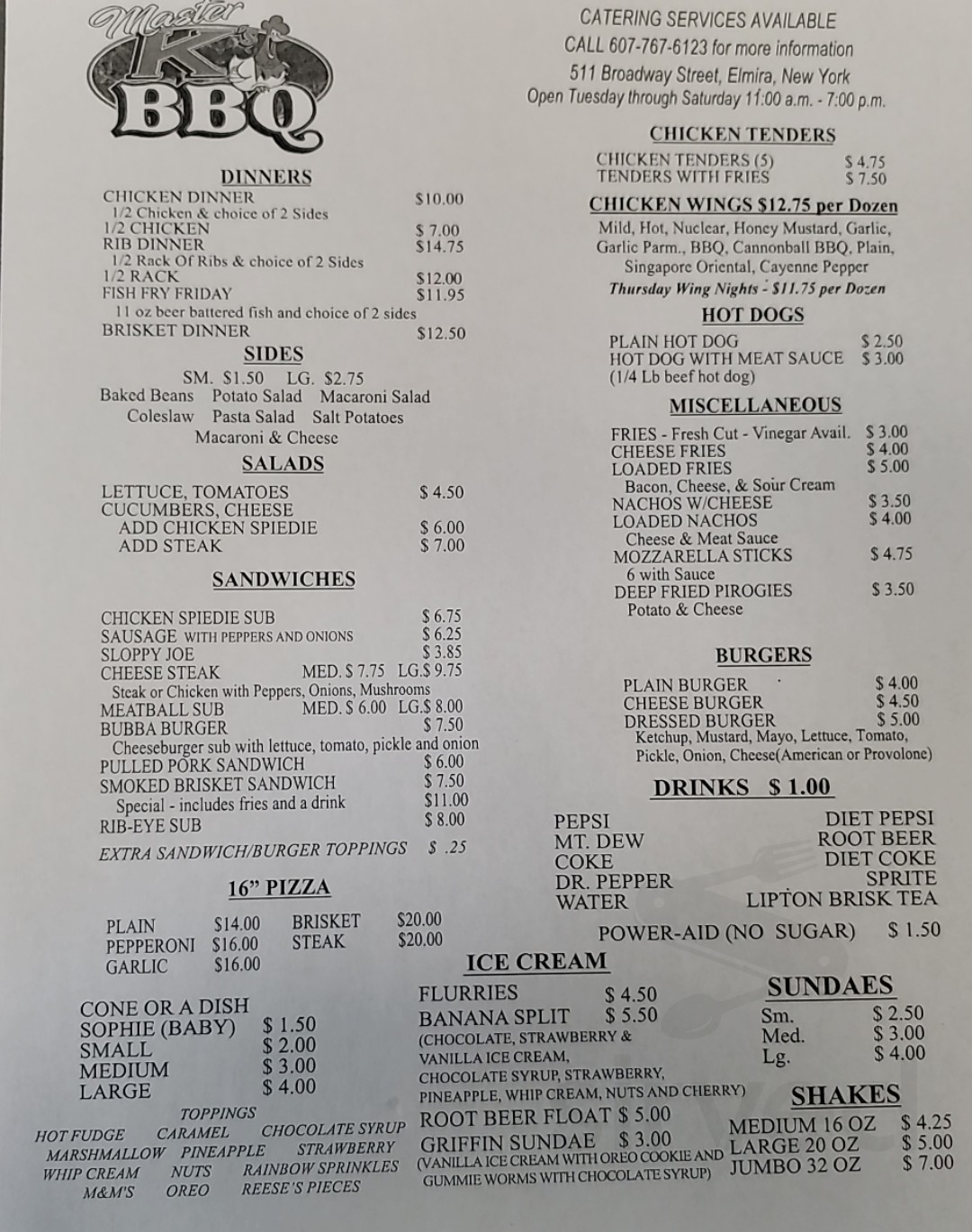 Master K's BBQ menu in Elmira, New York, USA