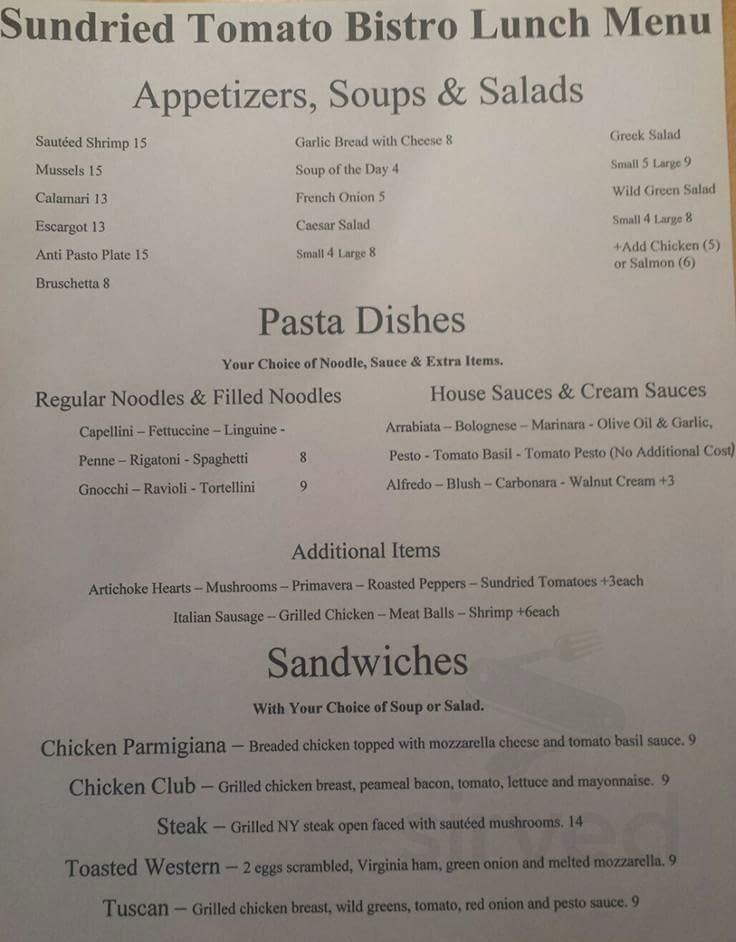 Sundried Tomato Bistro menu in Windsor, Ontario, Canada