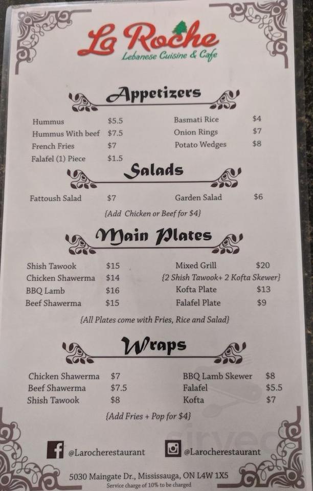 La Roche Menu Menu for La Roche Lebanese Cuisine and Cafe in Mississauga, ON | Sirved